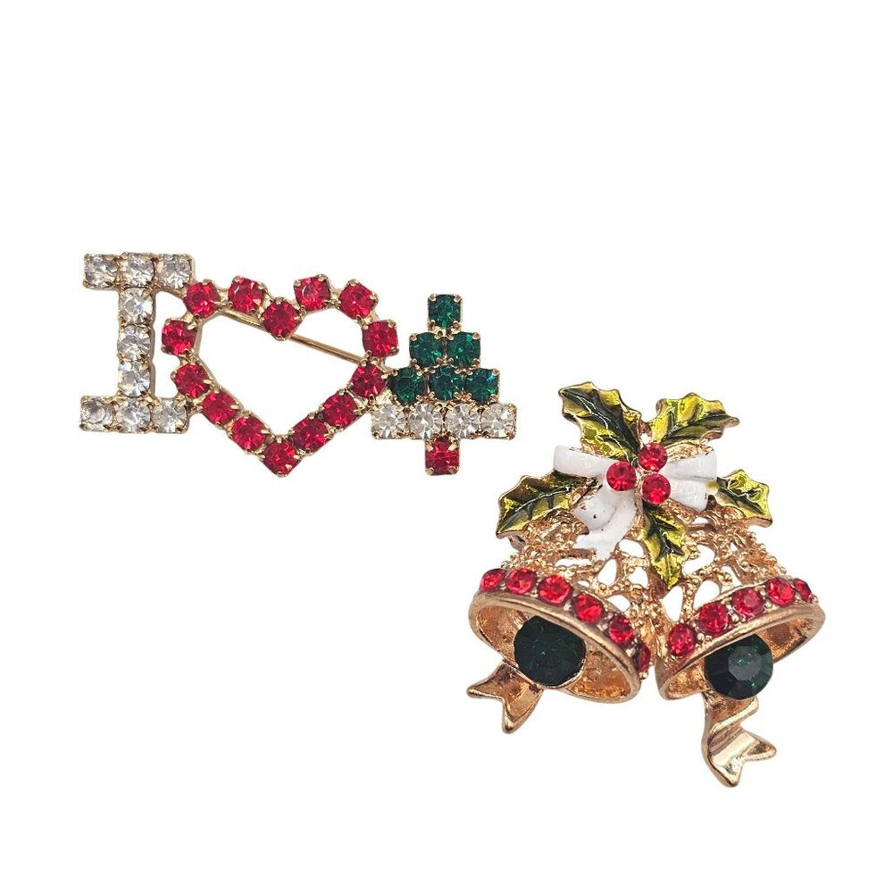 VTG 2PC‎ Christmas Holiday Brooches Gold Silver Tone Colored Rhinestone Festive